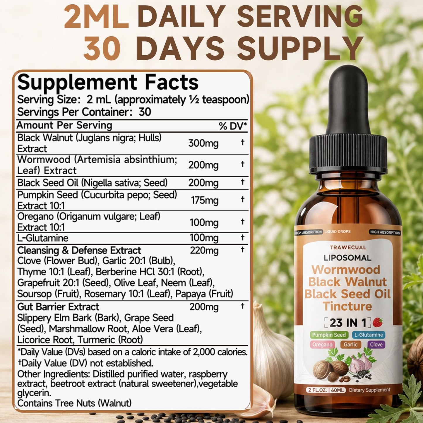 Trawecual Black Walnut Wormwood Black Seed Oil Cleanse Tincture, 23-in-1 Gentle Gut Detox & Digestive Health Support with Clove, Pumpkin Seed - dailyvitalstore