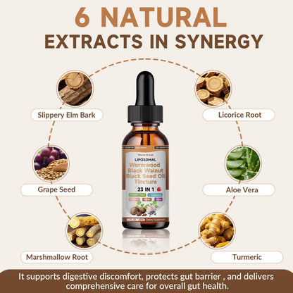 Trawecual Black Walnut Wormwood Black Seed Oil Cleanse Tincture, 23-in-1 Gentle Gut Detox & Digestive Health Support with Clove, Pumpkin Seed - dailyvitalstore