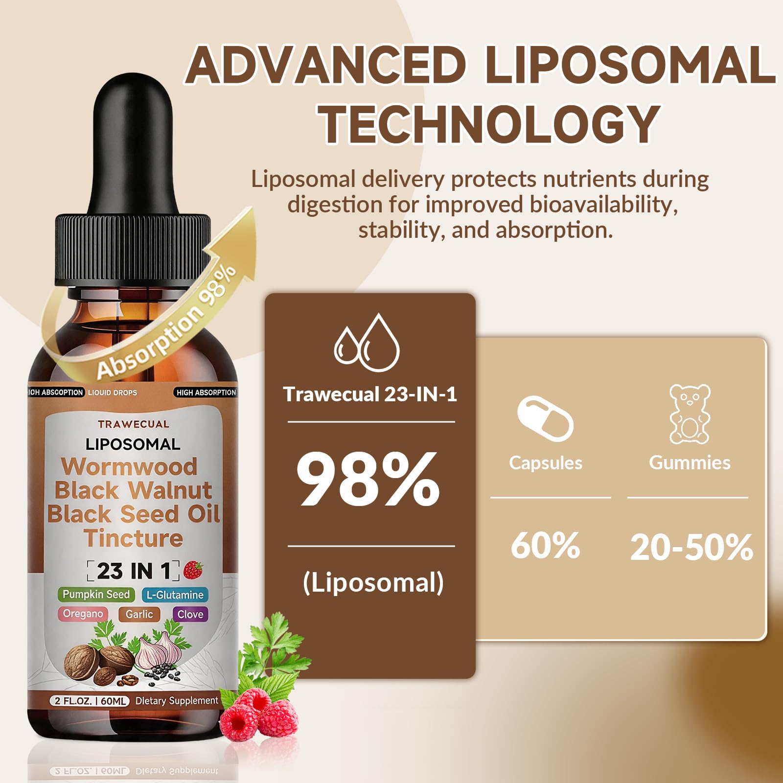 Trawecual Black Walnut Wormwood Black Seed Oil Cleanse Tincture, 23-in-1 Gentle Gut Detox & Digestive Health Support with Clove, Pumpkin Seed - dailyvitalstore