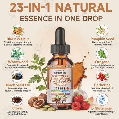 Trawecual Black Walnut Wormwood Black Seed Oil Cleanse Tincture, 23-in-1 Gentle Gut Detox & Digestive Health Support with Clove, Pumpkin Seed - dailyvitalstore