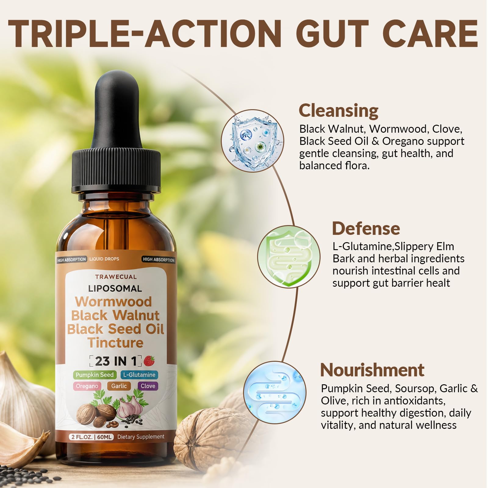 Trawecual Black Walnut Wormwood Black Seed Oil Cleanse Tincture, 23-in-1 Gentle Gut Detox & Digestive Health Support with Clove, Pumpkin Seed - dailyvitalstore