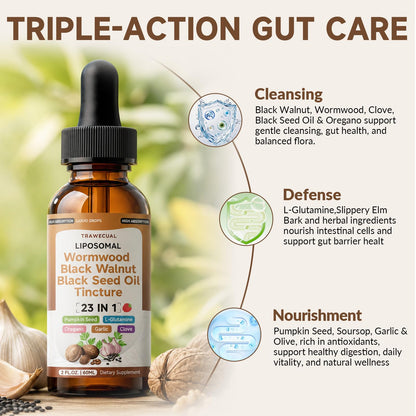 Trawecual Black Walnut Wormwood Black Seed Oil Cleanse Tincture, 23-in-1 Gentle Gut Detox & Digestive Health Support with Clove, Pumpkin Seed - dailyvitalstore