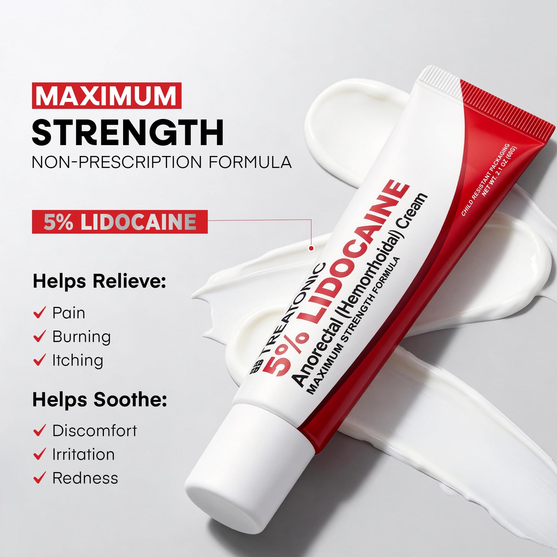 Treatonic 5% Lidocaine Numbing Cream: Lidocaine Cream for Pain Relief, Itching, Burning, Soreness, Hemorrhoid - Maximum Strength Topical Numb Cream - Fast Acting & Long Lasting Numbing Cream- 2.1 oz - dailyvitalstore