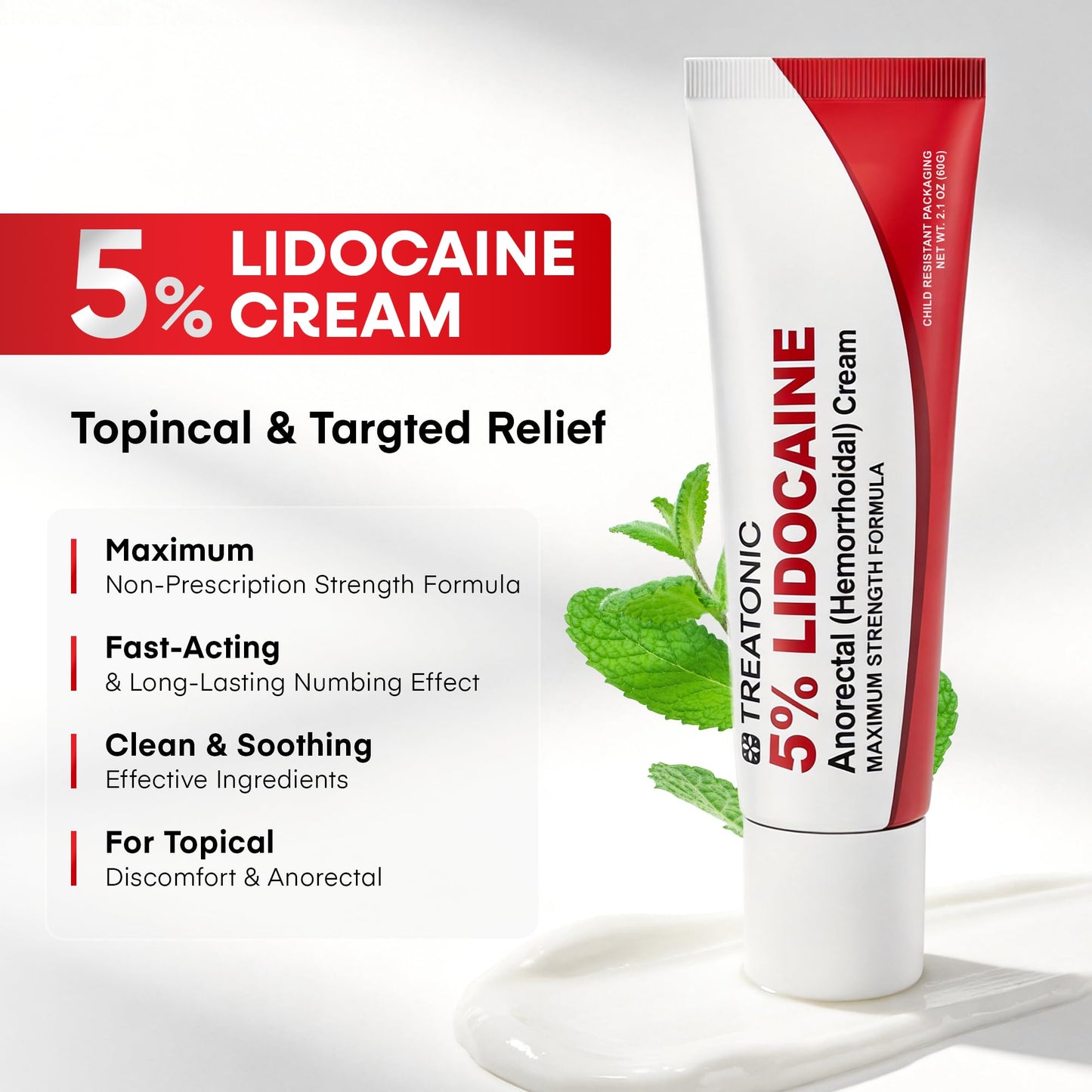 Treatonic 5% Lidocaine Numbing Cream: Lidocaine Cream for Pain Relief, Itching, Burning, Soreness, Hemorrhoid - Maximum Strength Topical Numb Cream - Fast Acting & Long Lasting Numbing Cream- 2.1 oz - dailyvitalstore