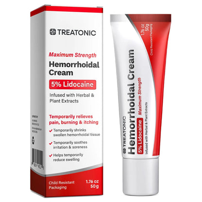 Treatonic Hemorrhoid Treatment Cream: 5% Lidocaine Hemorrhoid Cream for Numbing Relief of Pain, Burning, Itching, Discomfort, & Swelling - Fissure & Hemorrhoids - 1.76 oz - dailyvitalstore