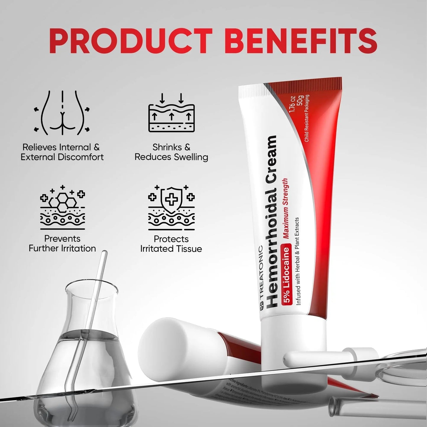 Treatonic Hemorrhoid Treatment Cream: 5% Lidocaine Hemorrhoid Cream for Numbing Relief of Pain, Burning, Itching, Discomfort, & Swelling - Fissure & Hemorrhoids - 1.76 oz - dailyvitalstore