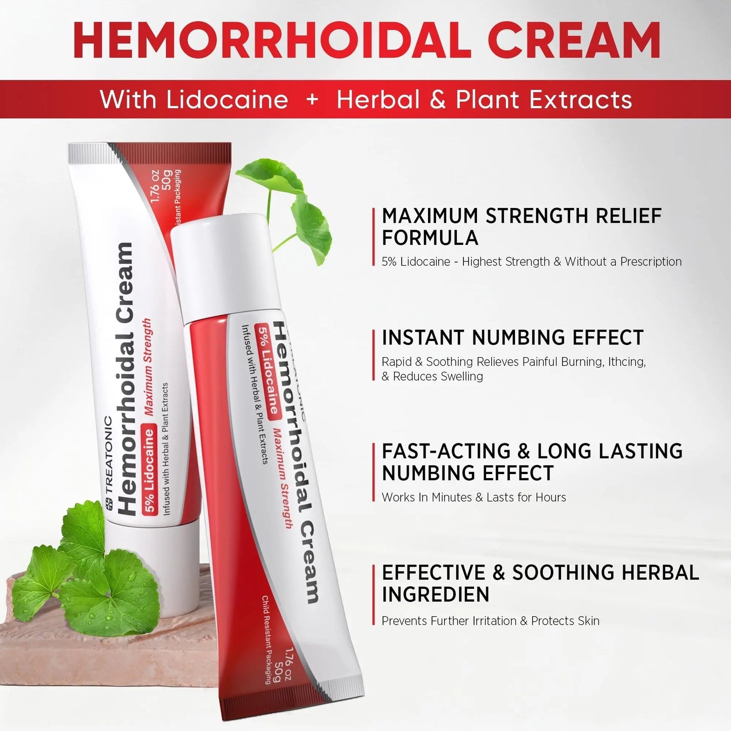 Treatonic Hemorrhoid Treatment Cream: 5% Lidocaine Hemorrhoid Cream for Numbing Relief of Pain, Burning, Itching, Discomfort, & Swelling - Fissure & Hemorrhoids - 1.76 oz - dailyvitalstore