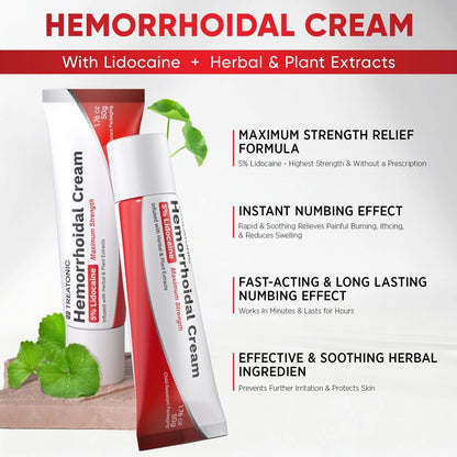 Treatonic Hemorrhoid Treatment Cream: 5% Lidocaine Hemorrhoid Cream for Numbing Relief of Pain, Burning, Itching, Discomfort, & Swelling - Fissure & Hemorrhoids - 1.76 oz - dailyvitalstore