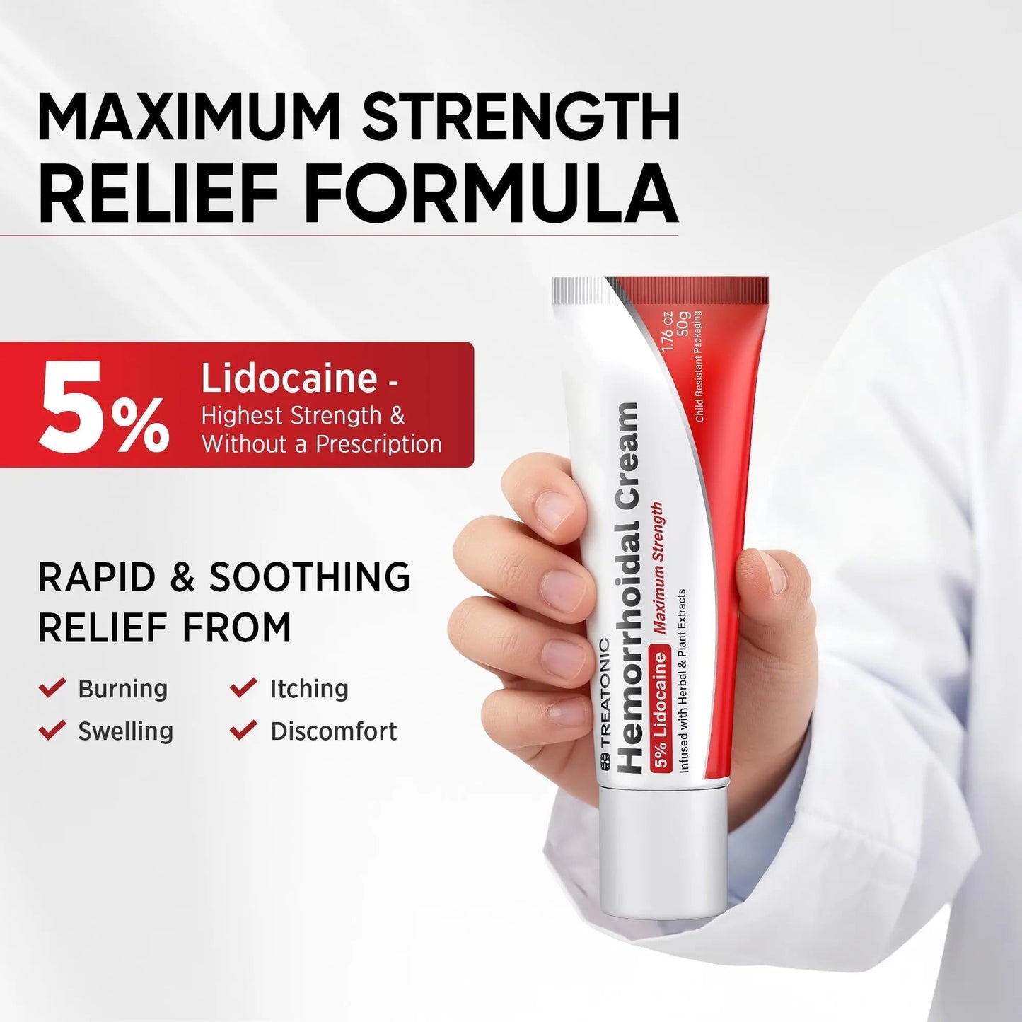 Treatonic Hemorrhoid Treatment Cream: 5% Lidocaine Hemorrhoid Cream for Numbing Relief of Pain, Burning, Itching, Discomfort, & Swelling - Fissure & Hemorrhoids - 1.76 oz - dailyvitalstore
