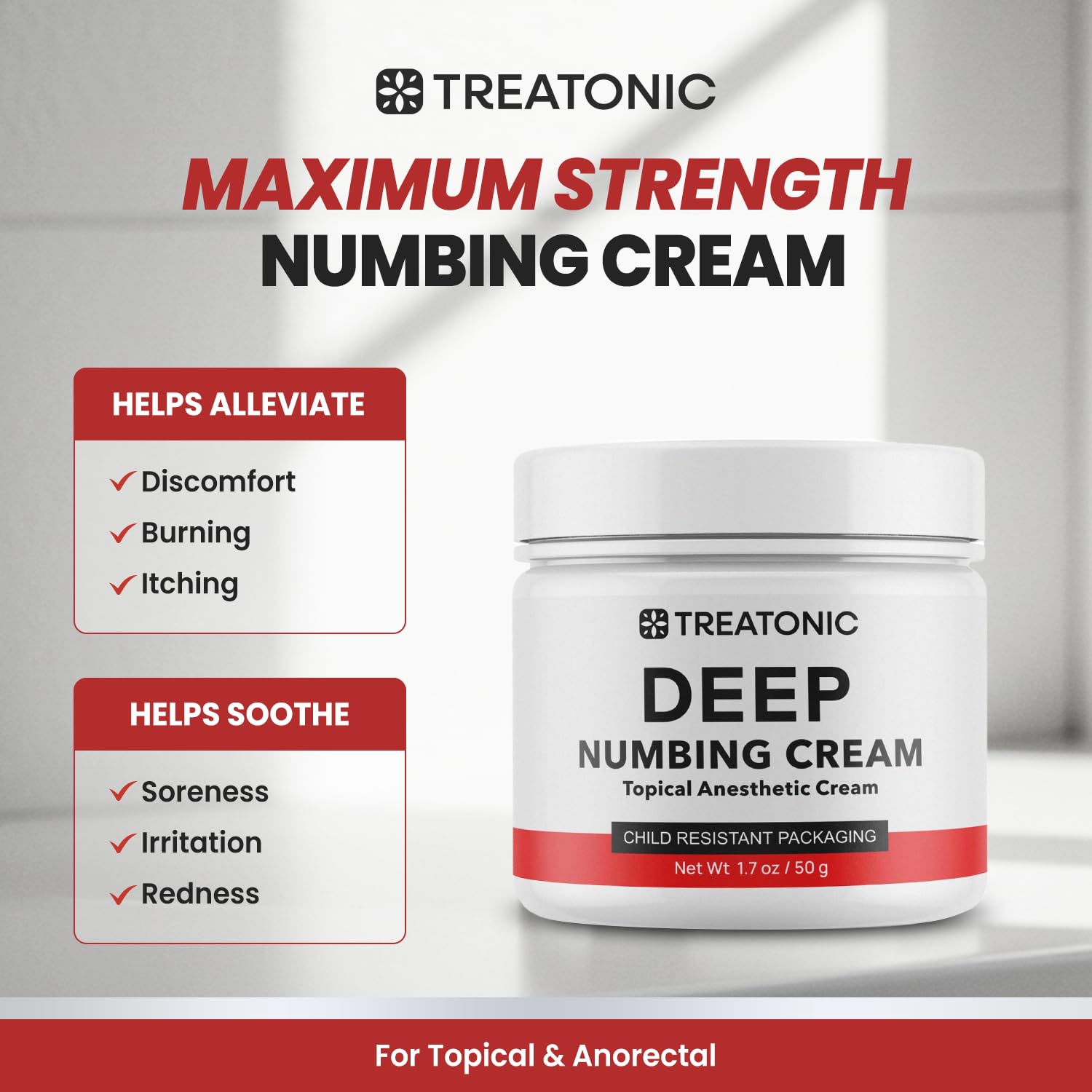 Treatonic Maximum Strength Numbing Cream: Numbing Cream for Discomfort, Burn, Itch & Pain Relief - Fast-Acting, Soothing Topical Anesthetic with Menthol & Emu Oil for Hemorrhoid Treatment – 1.7oz - dailyvitalstore