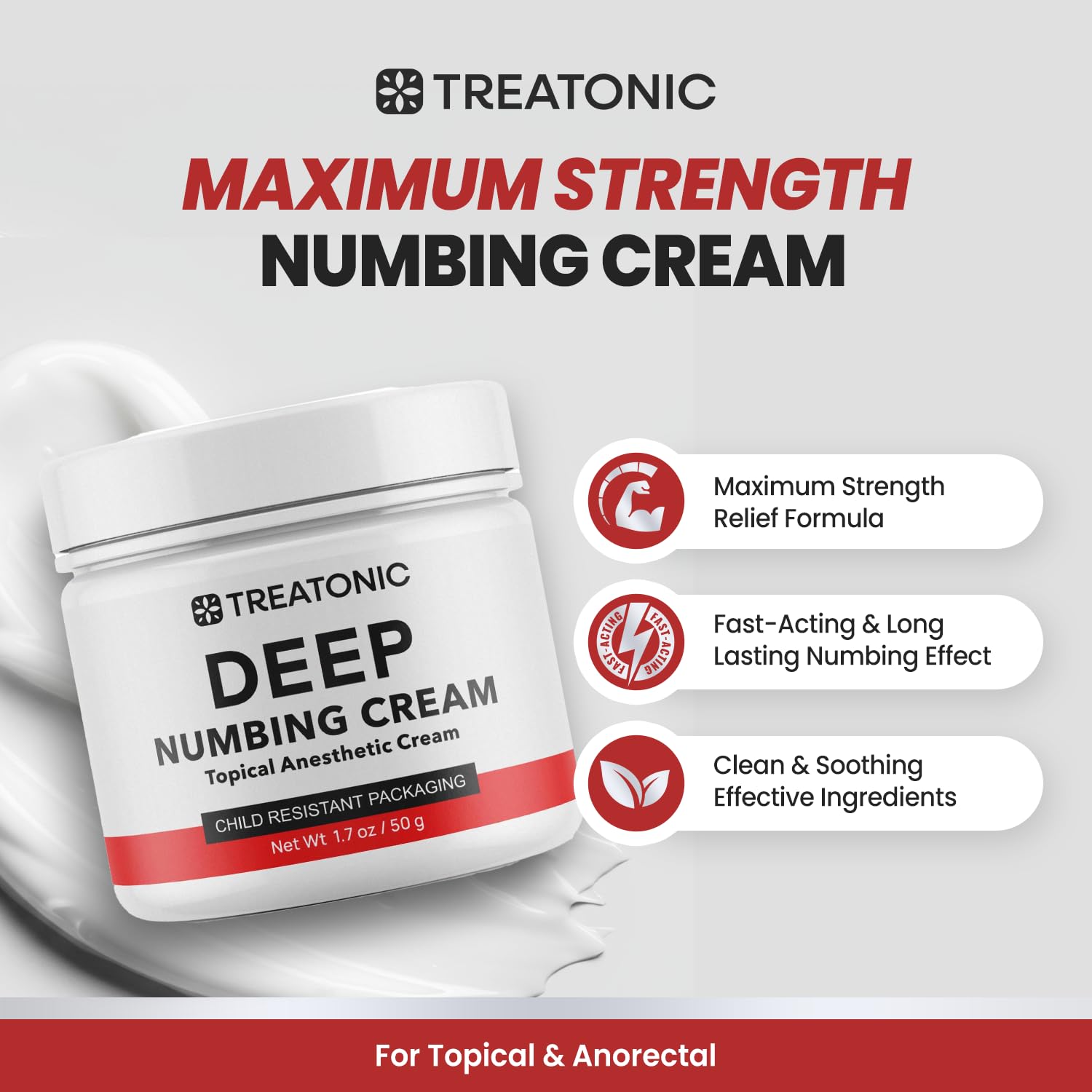 Treatonic Maximum Strength Numbing Cream: Numbing Cream for Discomfort, Burn, Itch & Pain Relief - Fast-Acting, Soothing Topical Anesthetic with Menthol & Emu Oil for Hemorrhoid Treatment – 1.7oz - dailyvitalstore