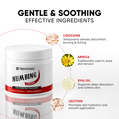 Treatonic Numbing Cream: Extra Strength Numbing Cream for Discomfort, Burning, Itching, & After Sun - Maximum Strength Topical Anesthetic with Menthol & Emu Oil for Toes Feet Hands Legs Arms – 1.7oz - dailyvitalstore