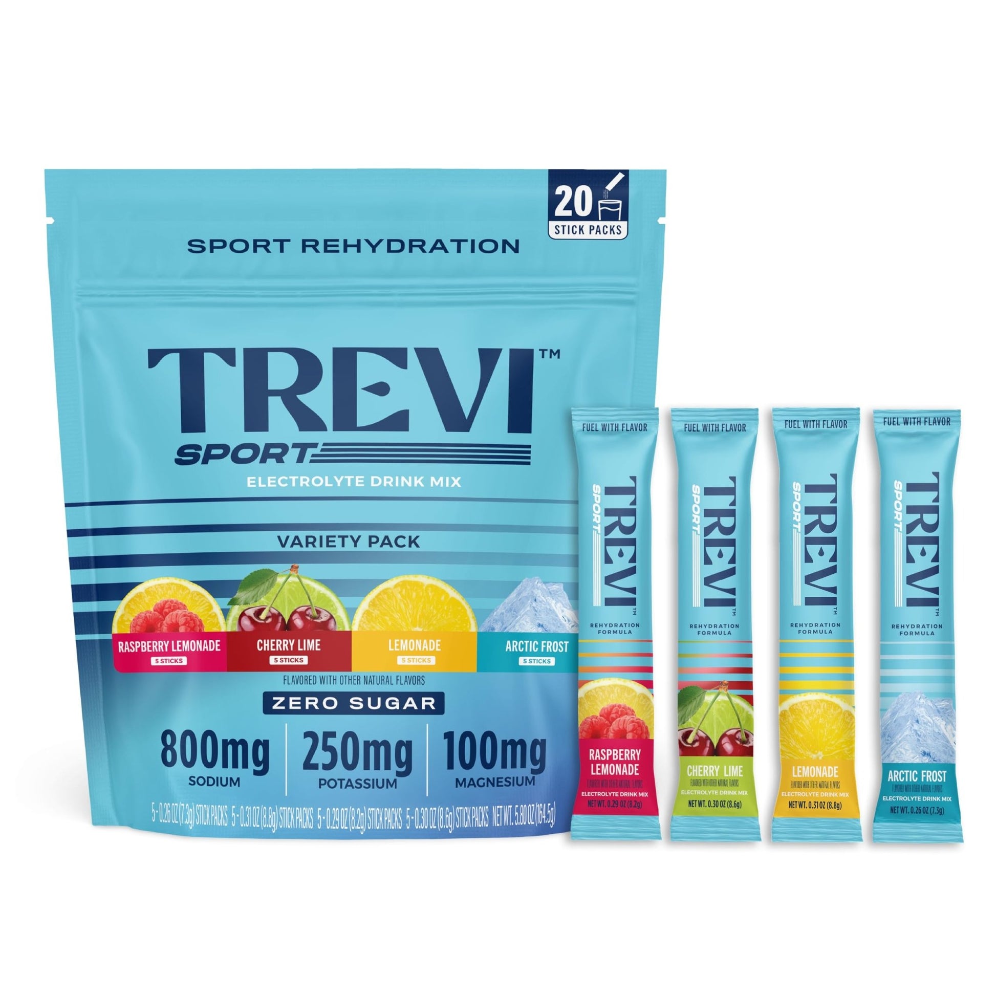 TREVI™ Sport Electrolytes Powder Packets Sugar Free - 800mg Sodium - 250mg Potassium - 100mg Magnesium - Water Drink Mix Rehydration Essentials - 20 Count - Variety Pack - dailyvitalstore