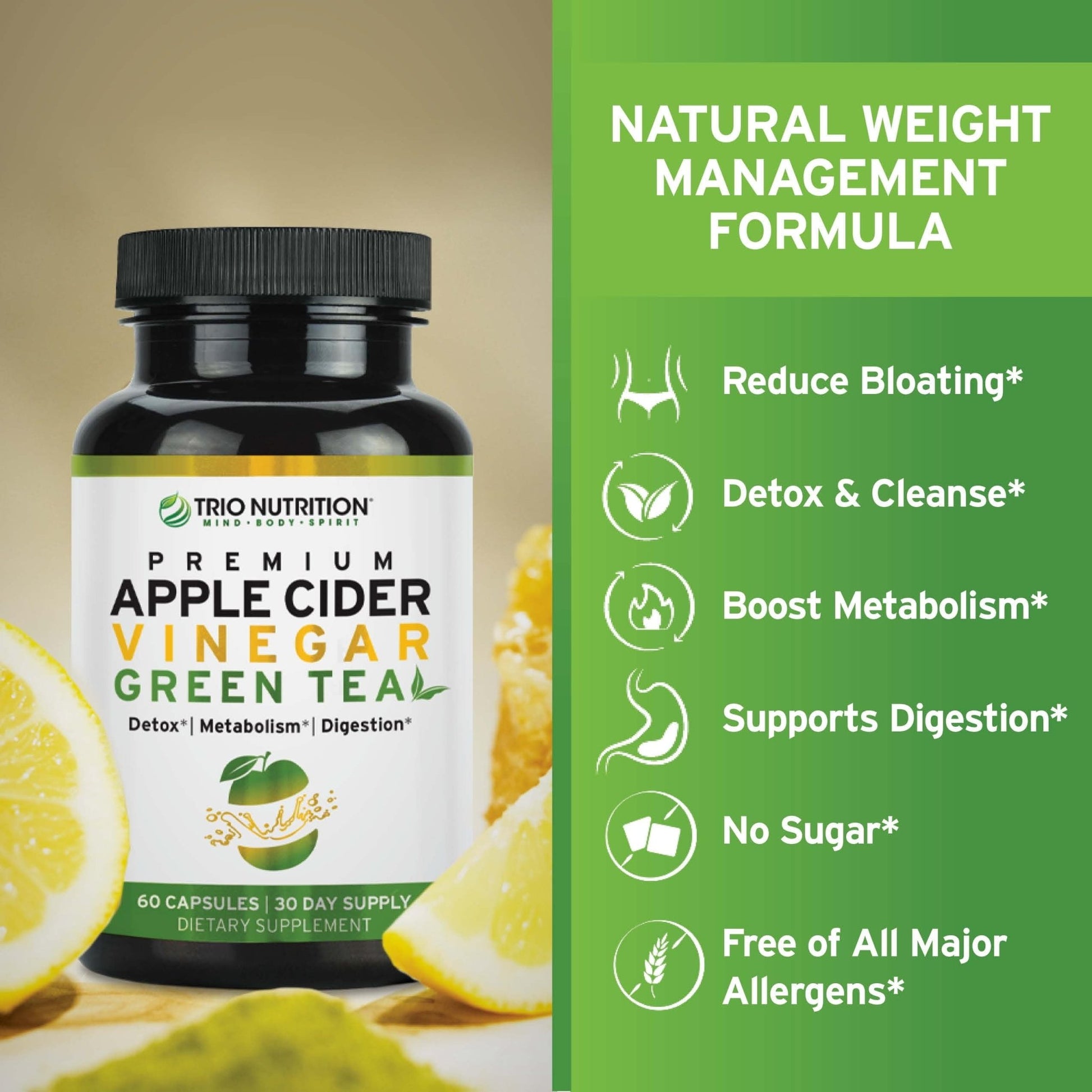 TRIO NUTRITION Apple Cider Vinegar Capsules with Green Tea - Natural Sugar Free Apple Cider Vinegar Pills with the Mother for Body Cleanse, Immune - dailyvitalstore