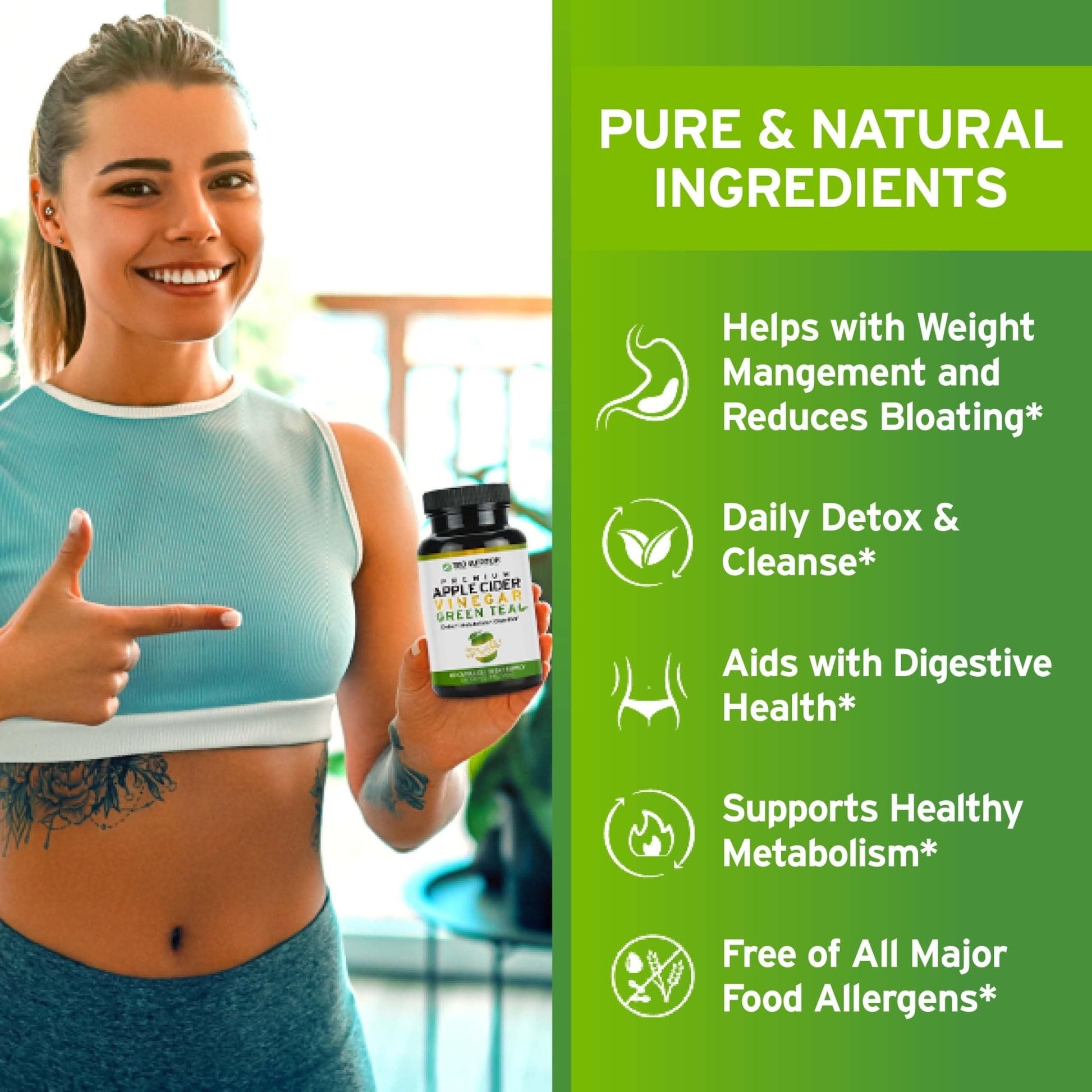 TRIO NUTRITION Apple Cider Vinegar Capsules with Green Tea - Natural Sugar Free Apple Cider Vinegar Pills with the Mother for Body Cleanse, Immune - dailyvitalstore