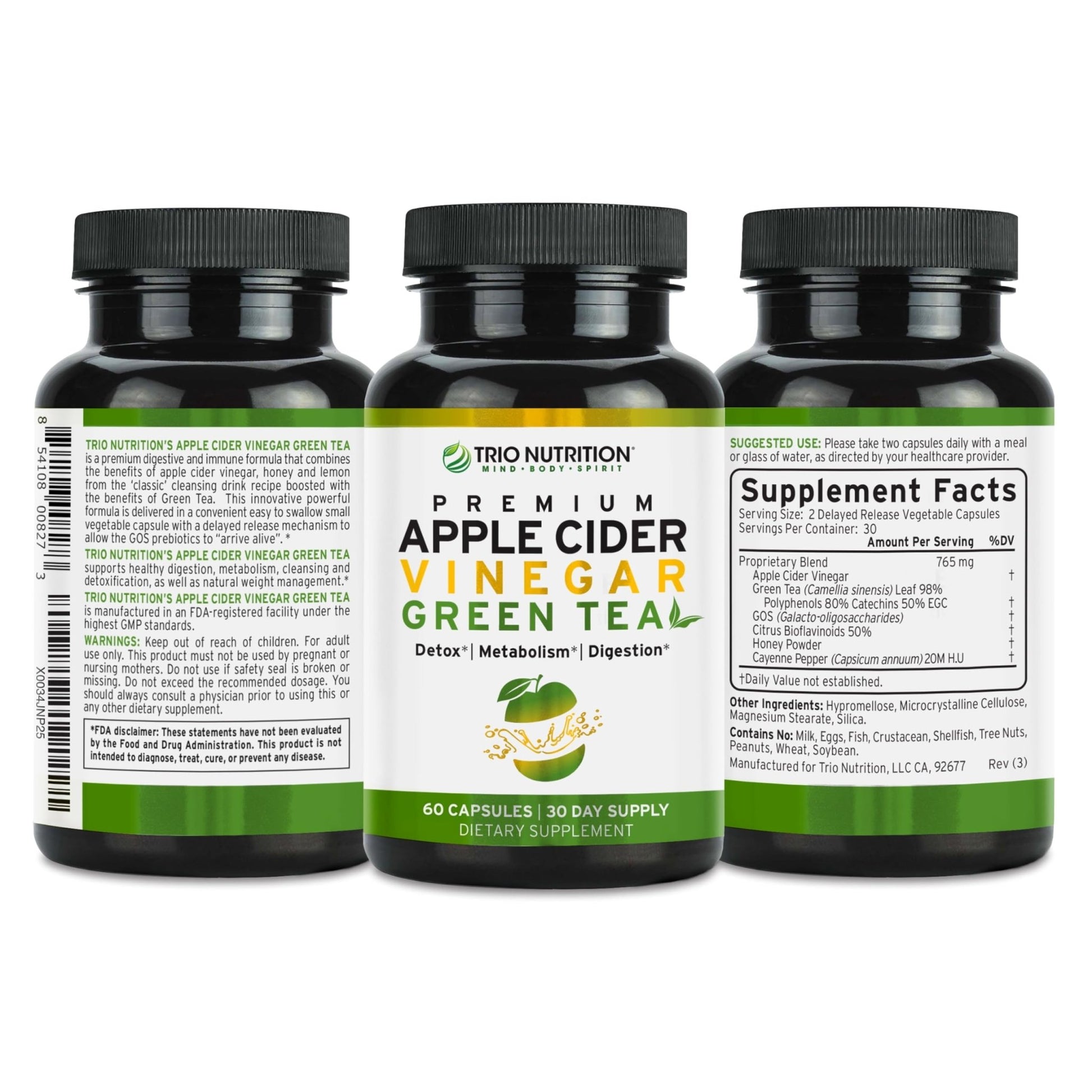 TRIO NUTRITION Apple Cider Vinegar Capsules with Green Tea - Natural Sugar Free Apple Cider Vinegar Pills with the Mother for Body Cleanse, Immune - dailyvitalstore