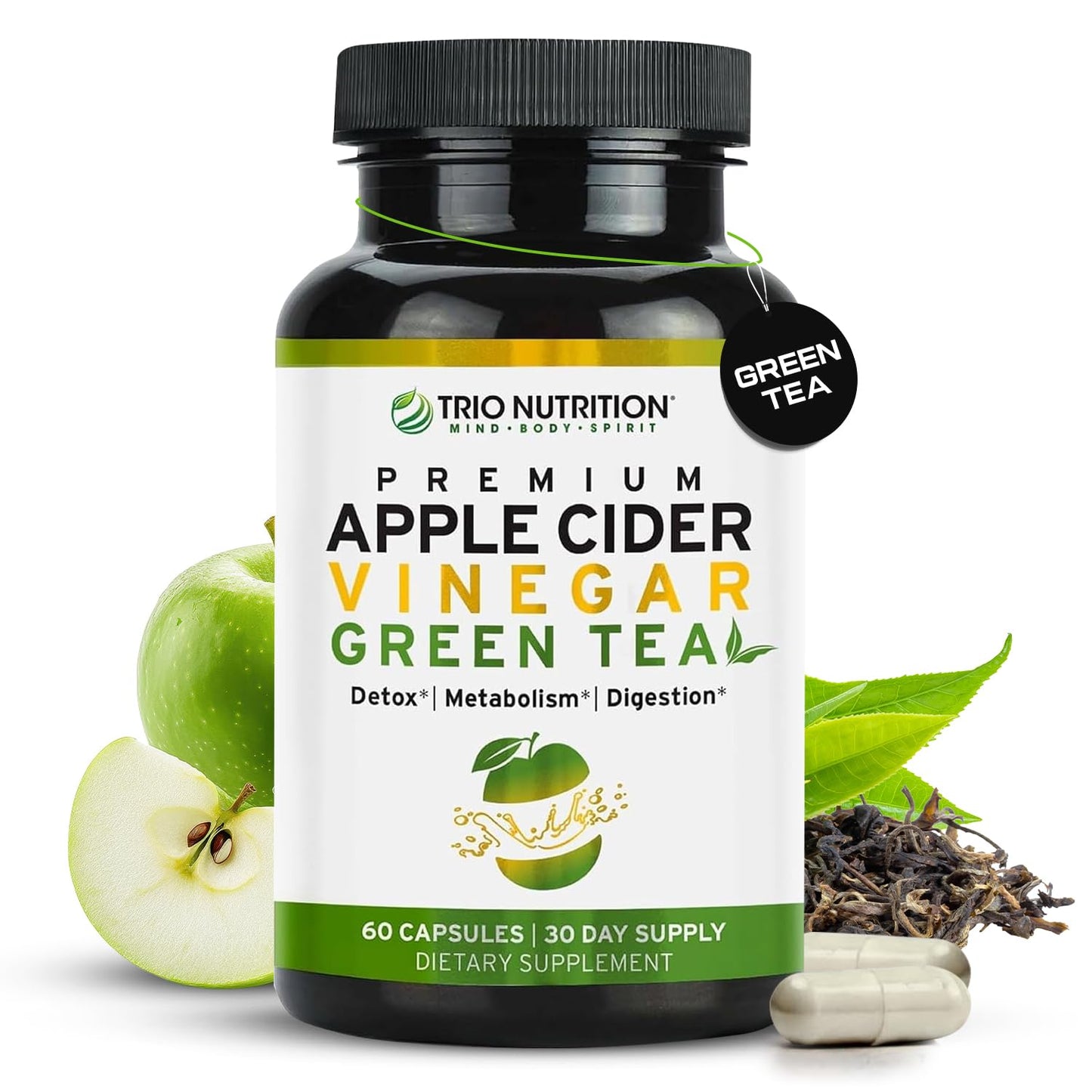 TRIO NUTRITION Apple Cider Vinegar Capsules with Green Tea - Natural Sugar Free Apple Cider Vinegar Pills with the Mother for Body Cleanse, Immune - dailyvitalstore