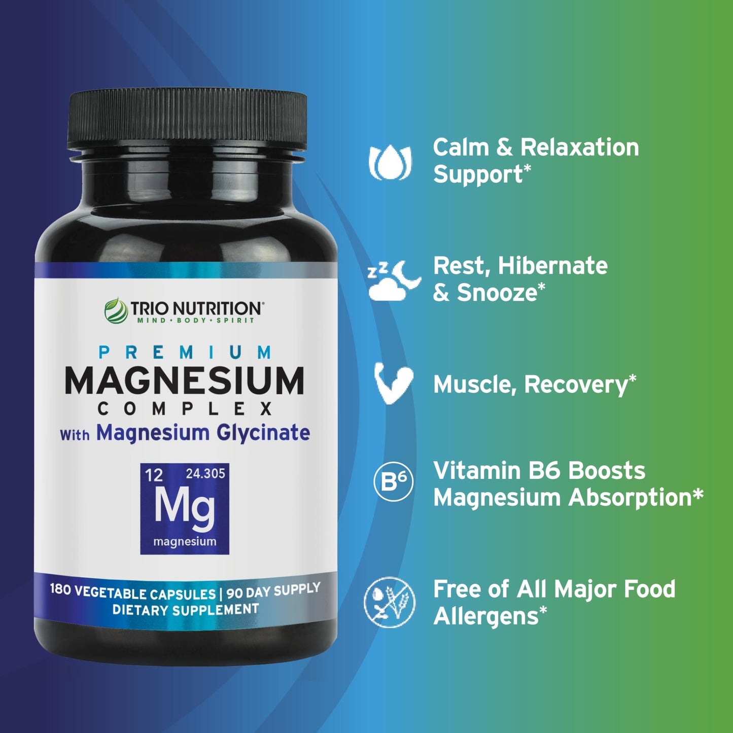Trio Nutrition Magnesium Complex 90 Day Supply 420 mg | Natural Calm, Relax, Stress Relief, and Muscle Recovery |Magnesium Glycinate Supplement with Vitamin B6 for Rapid Absorption* - dailyvitalstore