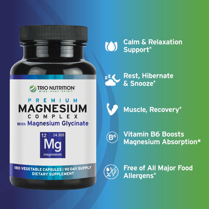 Trio Nutrition Magnesium Complex 90 Day Supply 420 mg | Natural Calm, Relax, Stress Relief, and Muscle Recovery |Magnesium Glycinate Supplement with Vitamin B6 for Rapid Absorption* - dailyvitalstore