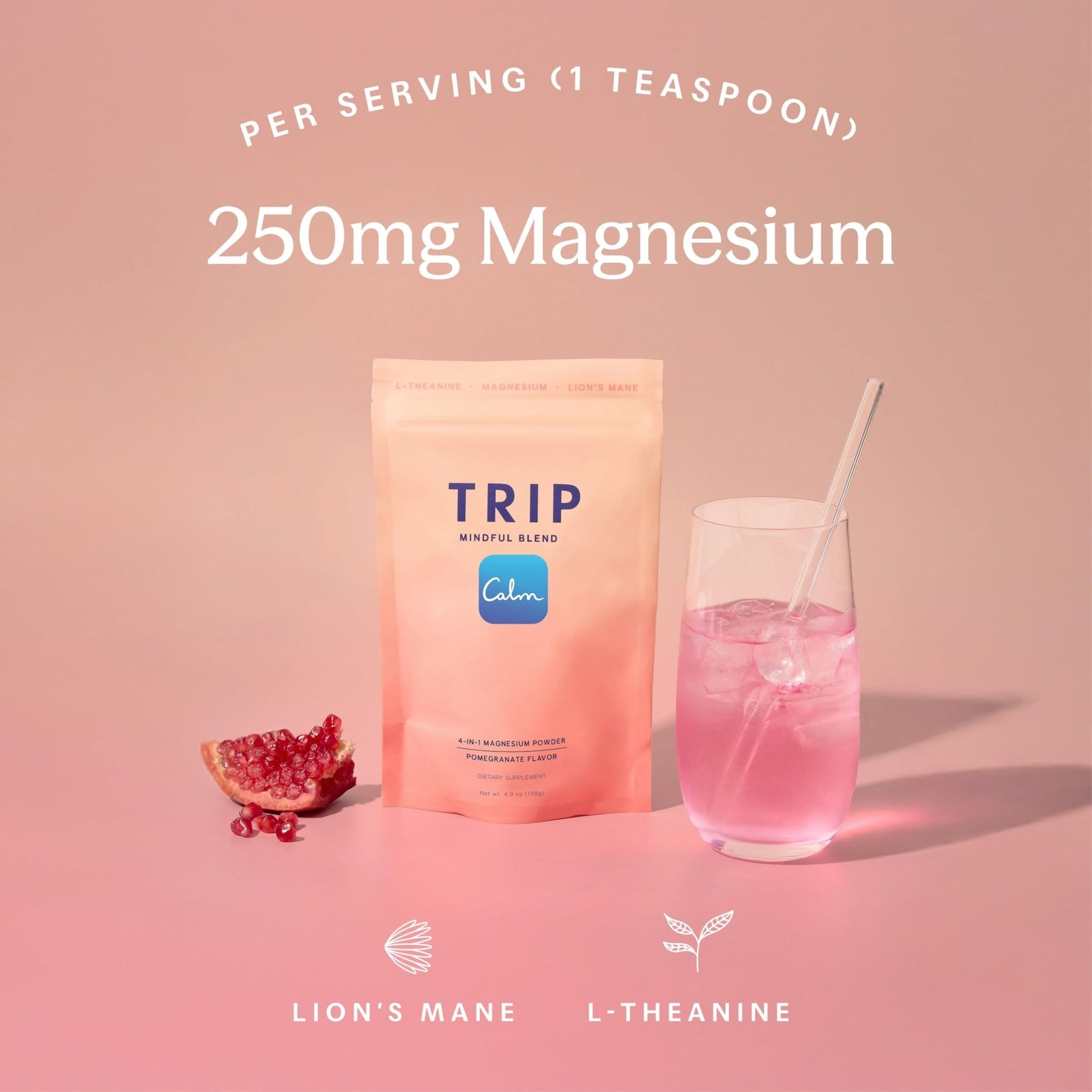 TRIP Magnesium Glycinate Powder with L-Theanine & Lion’s Mane, Sugar Free Magnesium Supplement for Adults, 250mg Magnesium per Drink Mix Serving, Pomegranate Orange Blossom, 1 Bag - 30 Servings - dailyvitalstore