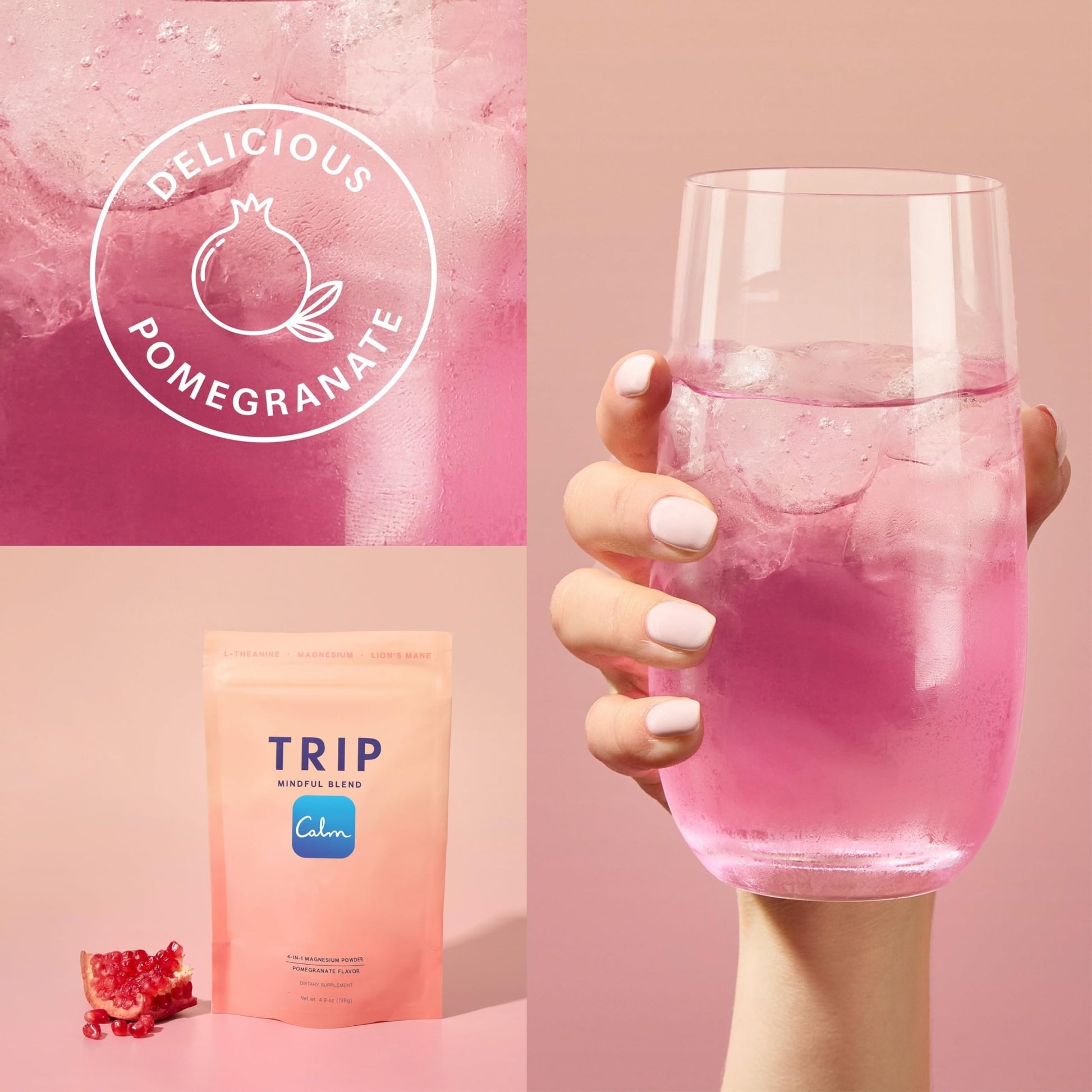 TRIP Magnesium Glycinate Powder with L-Theanine & Lion’s Mane, Sugar Free Magnesium Supplement for Adults, 250mg Magnesium per Drink Mix Serving, Pomegranate Orange Blossom, 1 Bag - 30 Servings - dailyvitalstore