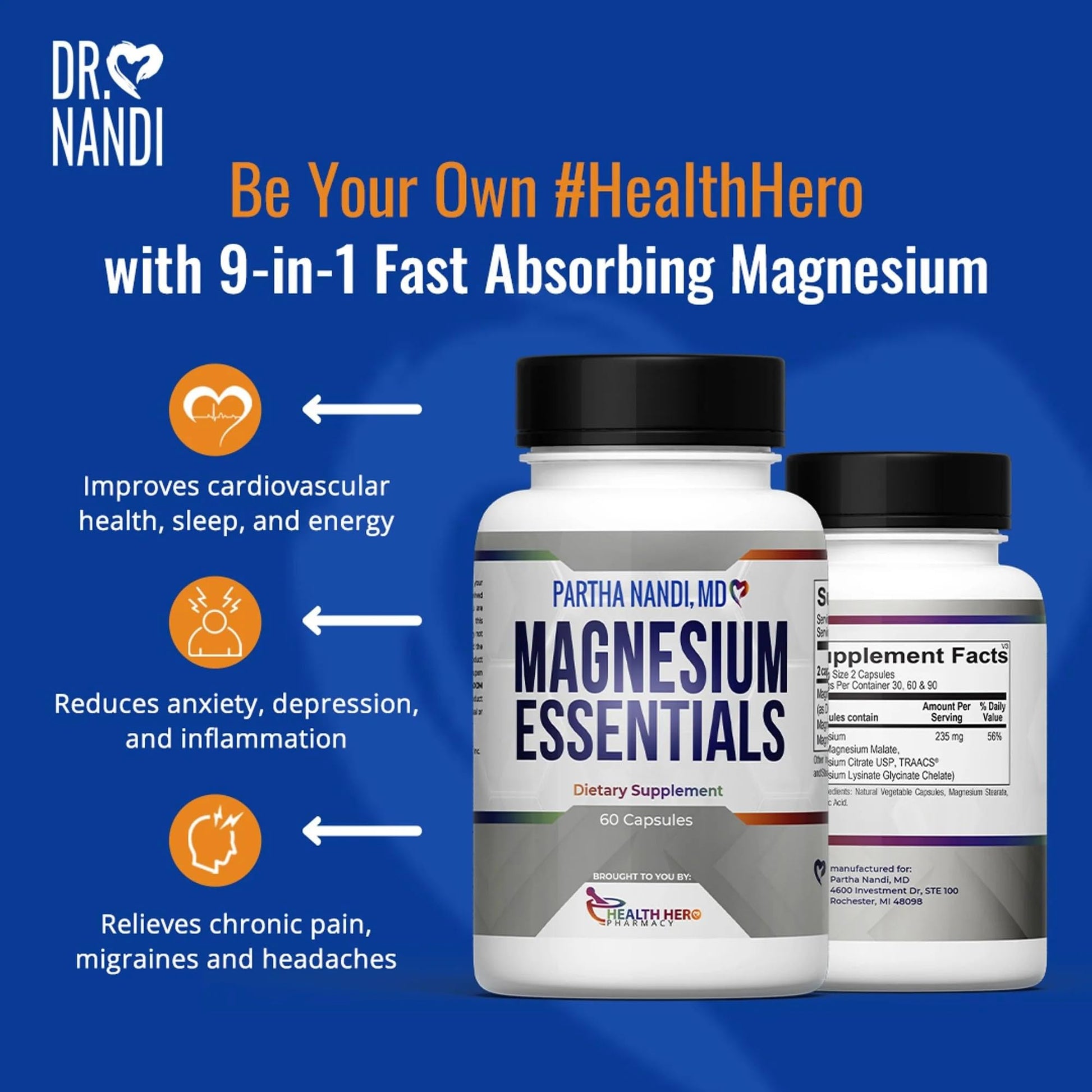 Triple Magnesium Citrate, Malate & Glycinate Complex Supplement – Supports Sleep, Stress, Muscle, Nerve & Heart Health – Advanced High-Absorption Formula – 235mg – 60 Capsules - dailyvitalstore