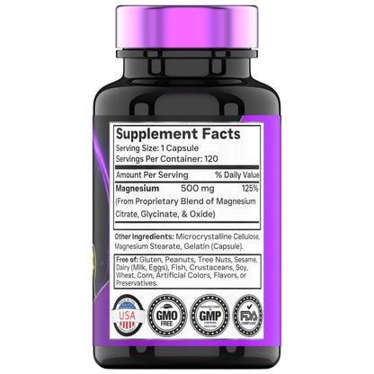 Triple Magnesium Complex Supplement 500mg: Magnesium Glycinate, Citrate, & Oxide - 120 Capsules (4 Month Supply!) | 1 Capsule Serving Provides 125% Daily Value | Non-GMO, Made in The USA! - dailyvitalstore