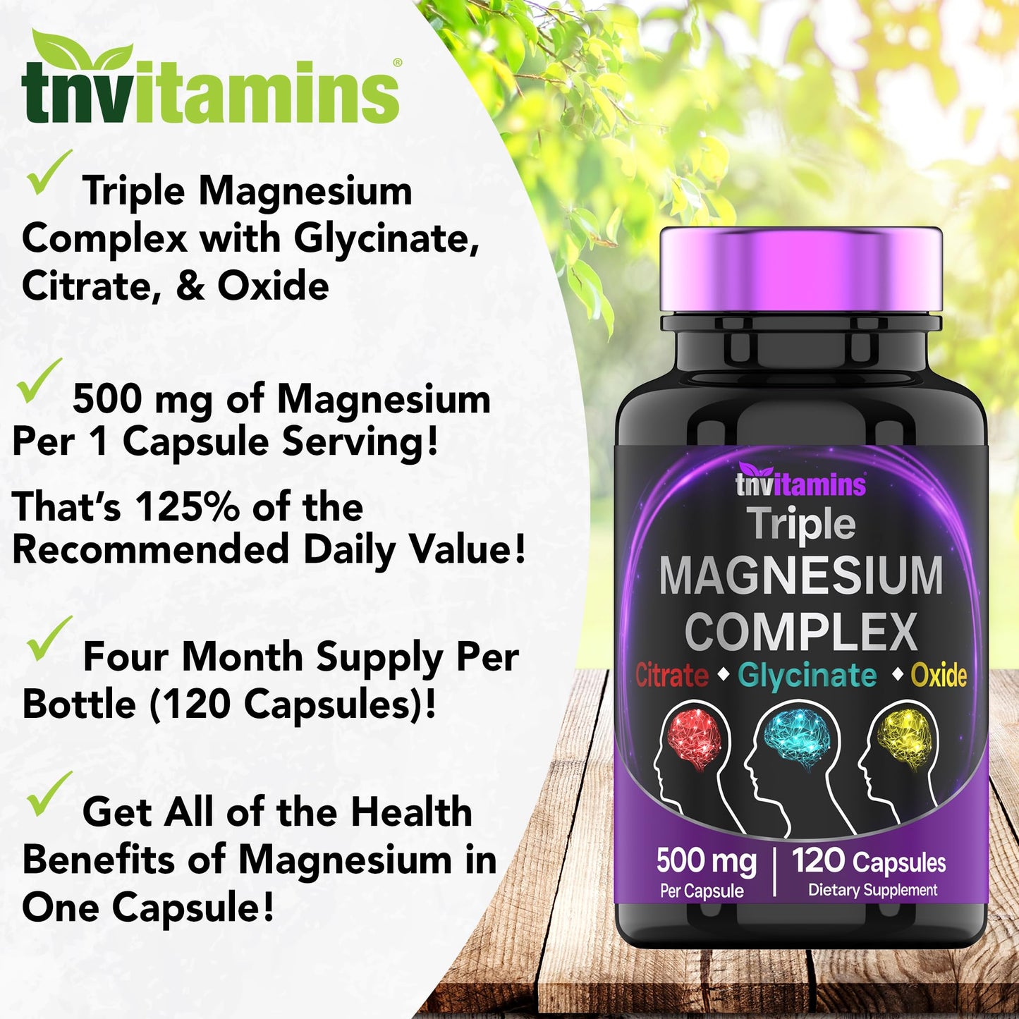 Triple Magnesium Complex Supplement 500mg: Magnesium Glycinate, Citrate, & Oxide - 120 Capsules (4 Month Supply!) | 1 Capsule Serving Provides 125% Daily Value | Non-GMO, Made in The USA! - dailyvitalstore