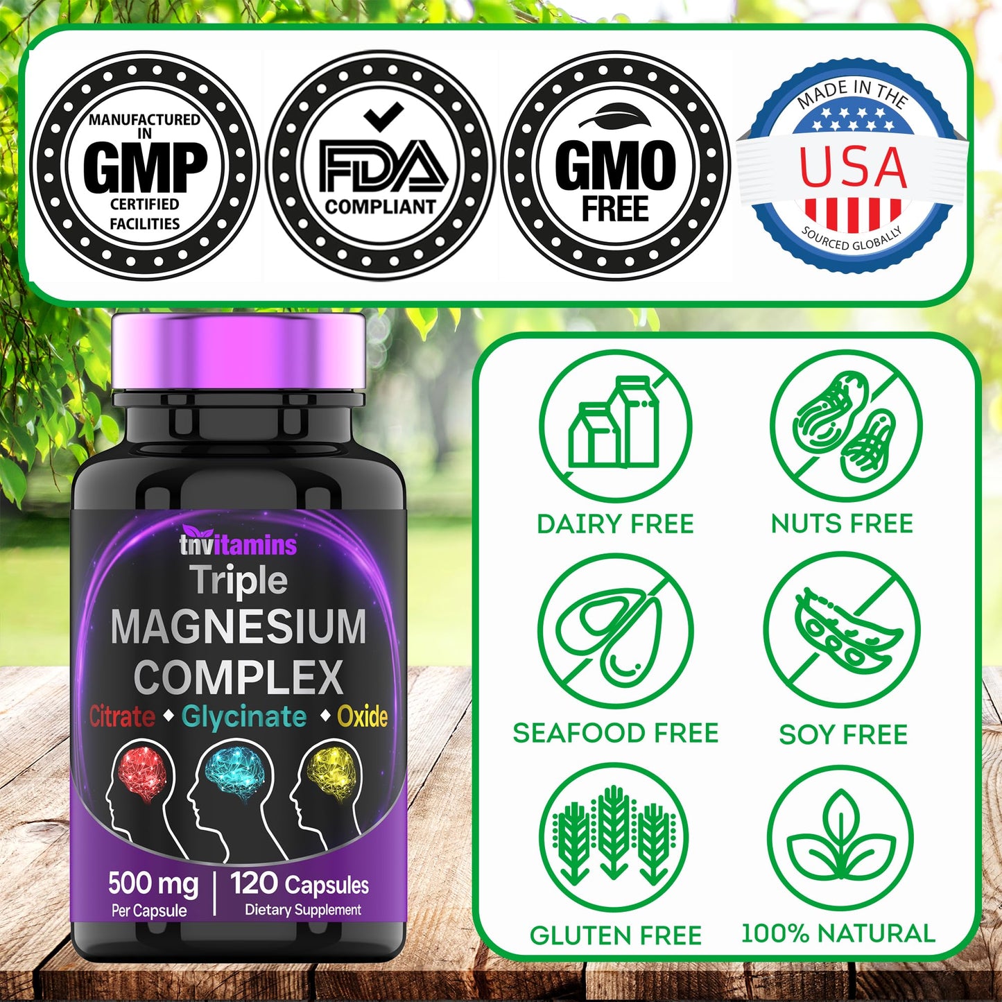 Triple Magnesium Complex Supplement 500mg: Magnesium Glycinate, Citrate, & Oxide - 120 Capsules (4 Month Supply!) | 1 Capsule Serving Provides 125% Daily Value | Non-GMO, Made in The USA! - dailyvitalstore