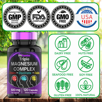 Triple Magnesium Complex Supplement 500mg: Magnesium Glycinate, Citrate, & Oxide - 120 Capsules (4 Month Supply!) | 1 Capsule Serving Provides 125% Daily Value | Non-GMO, Made in The USA! - dailyvitalstore