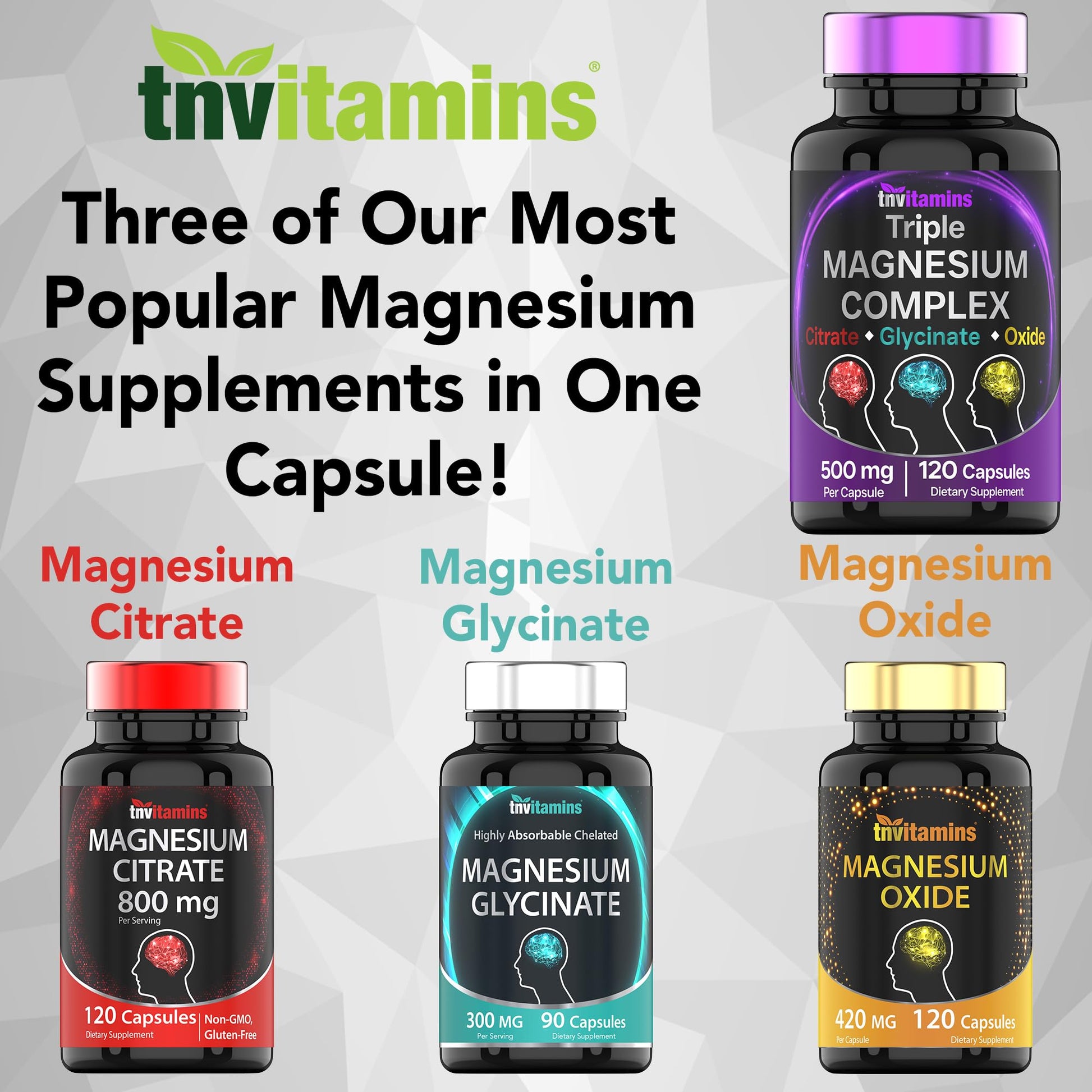 Triple Magnesium Complex Supplement 500mg: Magnesium Glycinate, Citrate, & Oxide - 120 Capsules (4 Month Supply!) | 1 Capsule Serving Provides 125% Daily Value | Non-GMO, Made in The USA! - dailyvitalstore