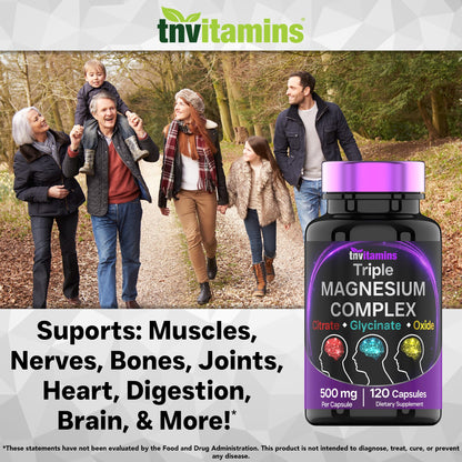 Triple Magnesium Complex Supplement 500mg: Magnesium Glycinate, Citrate, & Oxide - 120 Capsules (4 Month Supply!) | 1 Capsule Serving Provides 125% Daily Value | Non-GMO, Made in The USA! - dailyvitalstore