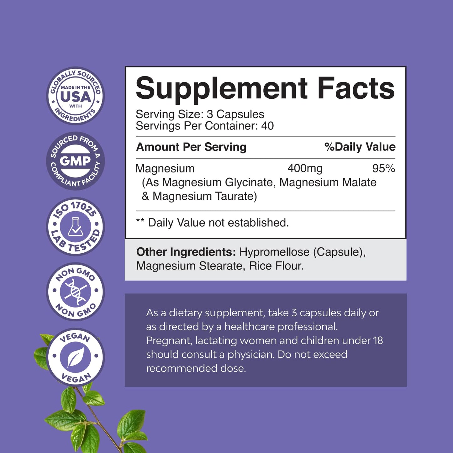 Triple Magnesium Complex Supplement - High Absorption Magnesium Glycinate, Malate & Taurate Blend for Muscles, Energy Support & Heart Health - Triple Mg Complex 400 mg Capsules - 120 Count - dailyvitalstore