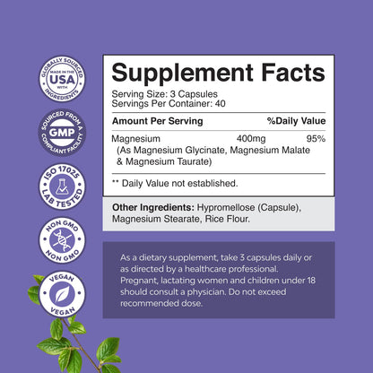 Triple Magnesium Complex Supplement - High Absorption Magnesium Glycinate, Malate & Taurate Blend for Muscles, Energy Support & Heart Health - Triple Mg Complex 400 mg Capsules - 120 Count - dailyvitalstore