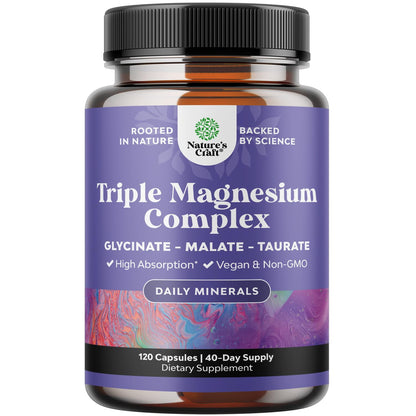 Triple Magnesium Complex Supplement - High Absorption Magnesium Glycinate, Malate & Taurate Blend for Muscles, Energy Support & Heart Health - Triple Mg Complex 400 mg Capsules - 120 Count - dailyvitalstore