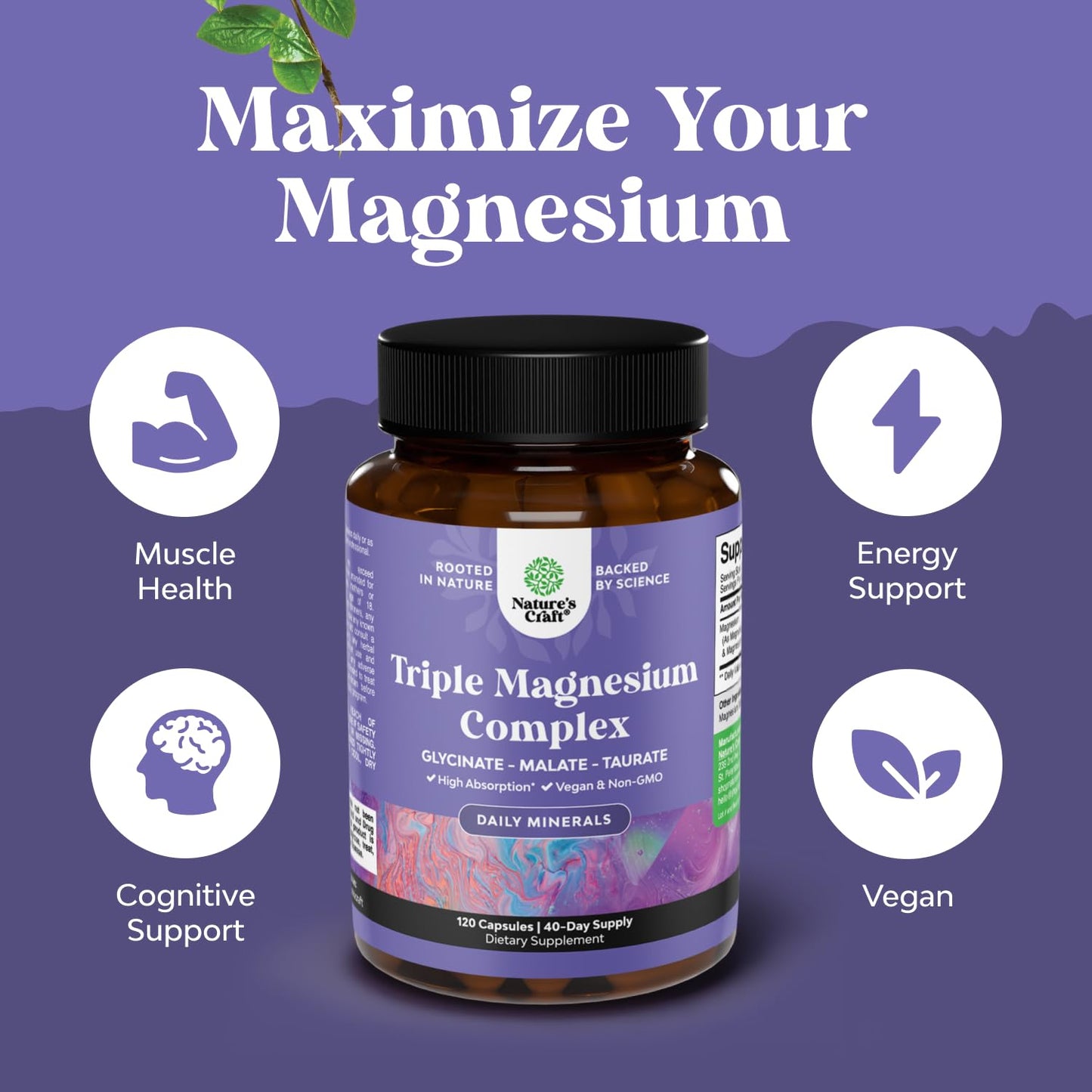 Triple Magnesium Complex Supplement - High Absorption Magnesium Glycinate, Malate & Taurate Blend for Muscles, Energy Support & Heart Health - Triple Mg Complex 400 mg Capsules - 120 Count - dailyvitalstore