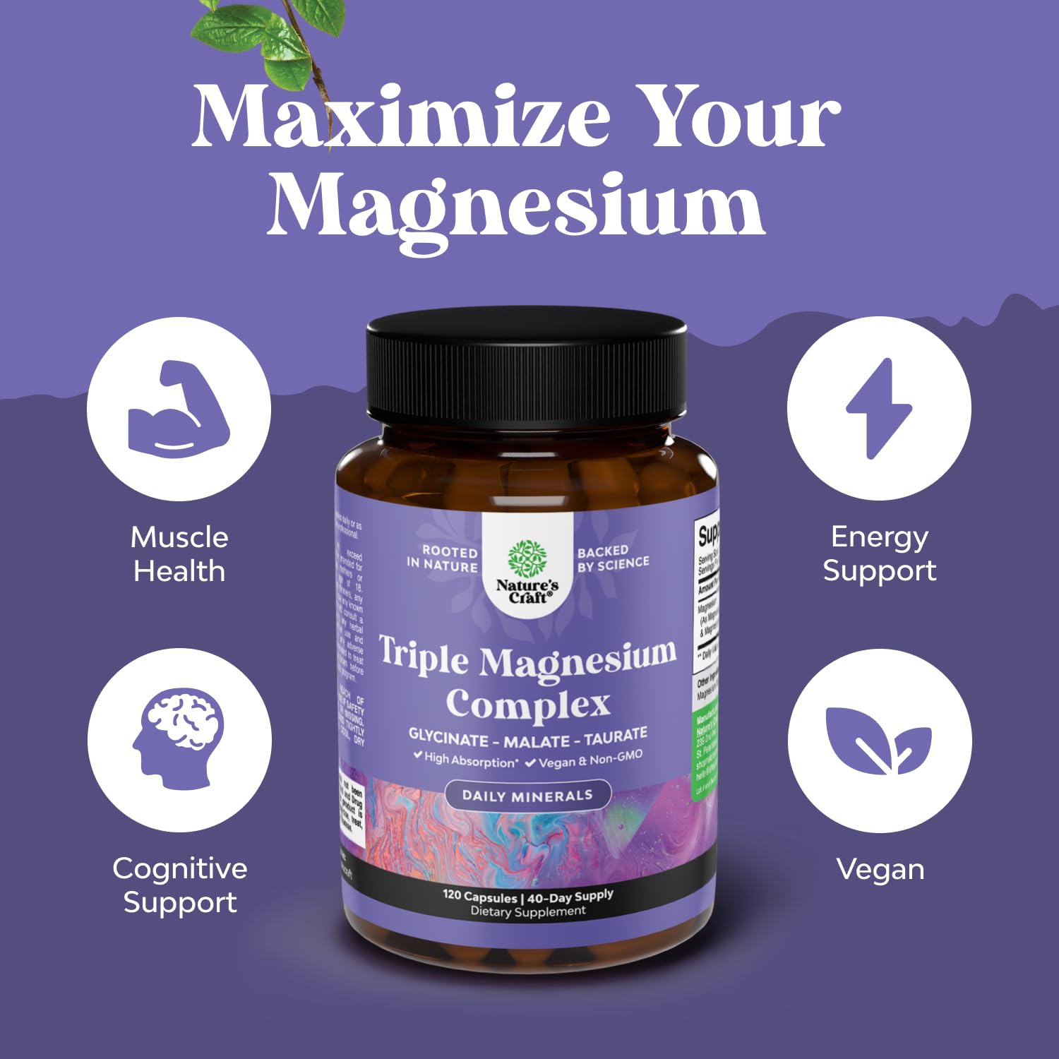 Triple Magnesium Complex Supplement - High Absorption Magnesium Glycinate, Malate & Taurate Blend for Muscles, Energy Support & Heart Health - Triple Mg Complex 400 mg Capsules - 120 Count - dailyvitalstore