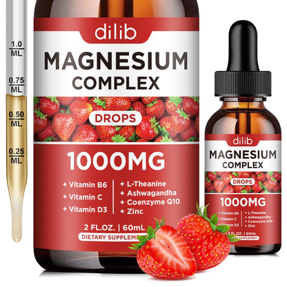 Triple Magnesium Complex Supplement, Magnesium Glycinate, Blend, Citrate Liquid Drops 1000mg with Ashwagandha, CoQ10, Vitamin B6, C, D, Zinc -Support Calm Stress Relief, Bone, Muscle, Mood Vegan - dailyvitalstore