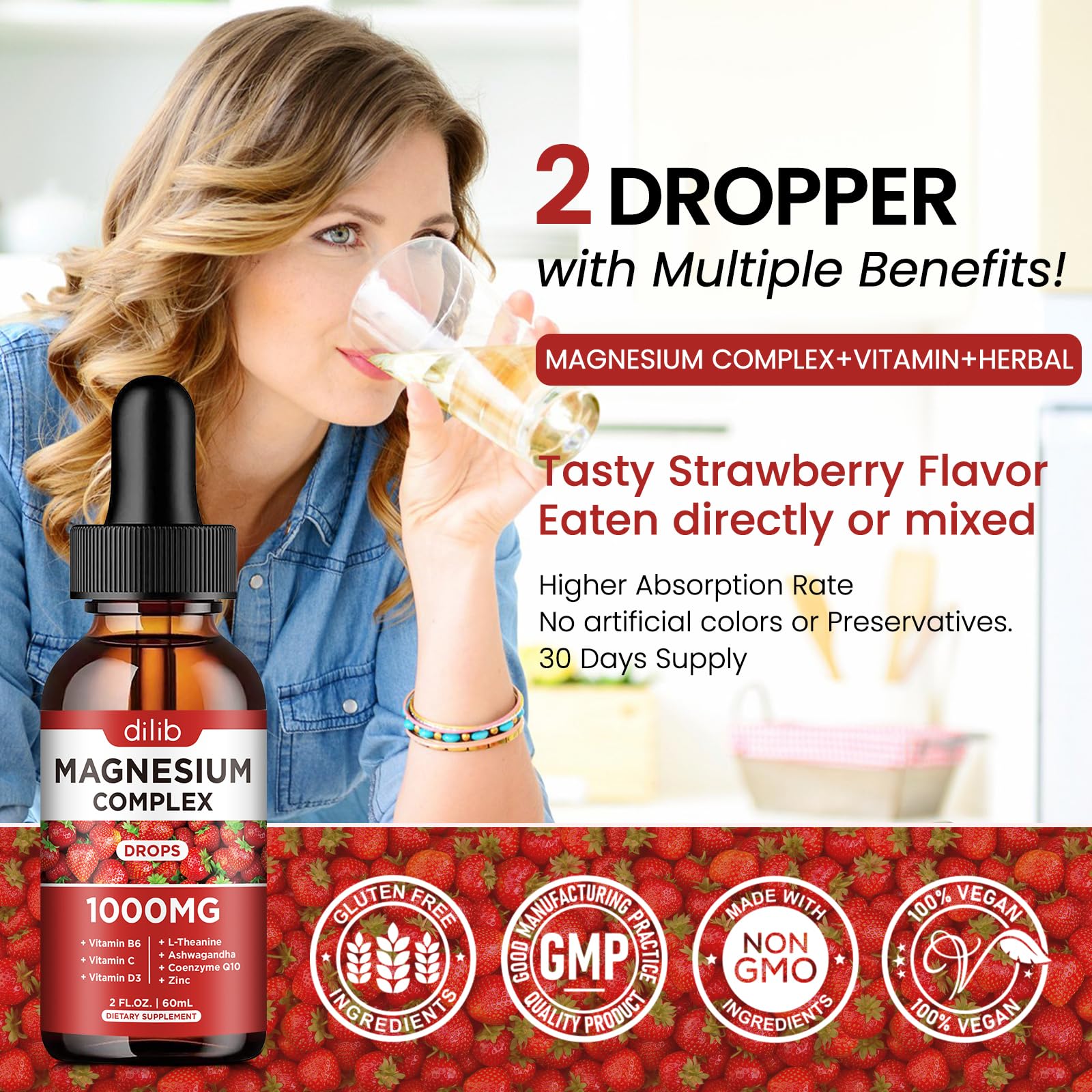 Triple Magnesium Complex Supplement, Magnesium Glycinate, Blend, Citrate Liquid Drops 1000mg with Ashwagandha, CoQ10, Vitamin B6, C, D, Zinc -Support Calm Stress Relief, Bone, Muscle, Mood Vegan - dailyvitalstore