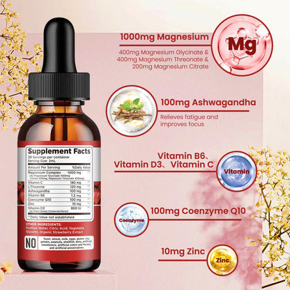 Triple Magnesium Complex Supplement, Magnesium Glycinate, Blend, Citrate Liquid Drops 1000mg with Ashwagandha, CoQ10, Vitamin B6, C, D, Zinc -Support Calm Stress Relief, Bone, Muscle, Mood Vegan - dailyvitalstore