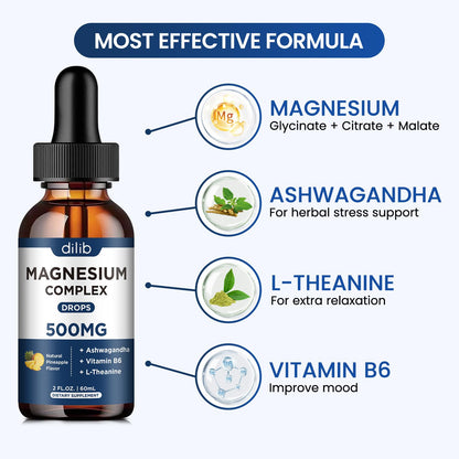 Triple Magnesium Complex Supplement-Magnesium Glycinate, Citrate, Malate Liquid Drops 500mg with Ashwagandha, L-Theanine, Vitamin B6 for Calm, Stress Relief, Sleep, Muscle Support-Pineapple Flavor - dailyvitalstore
