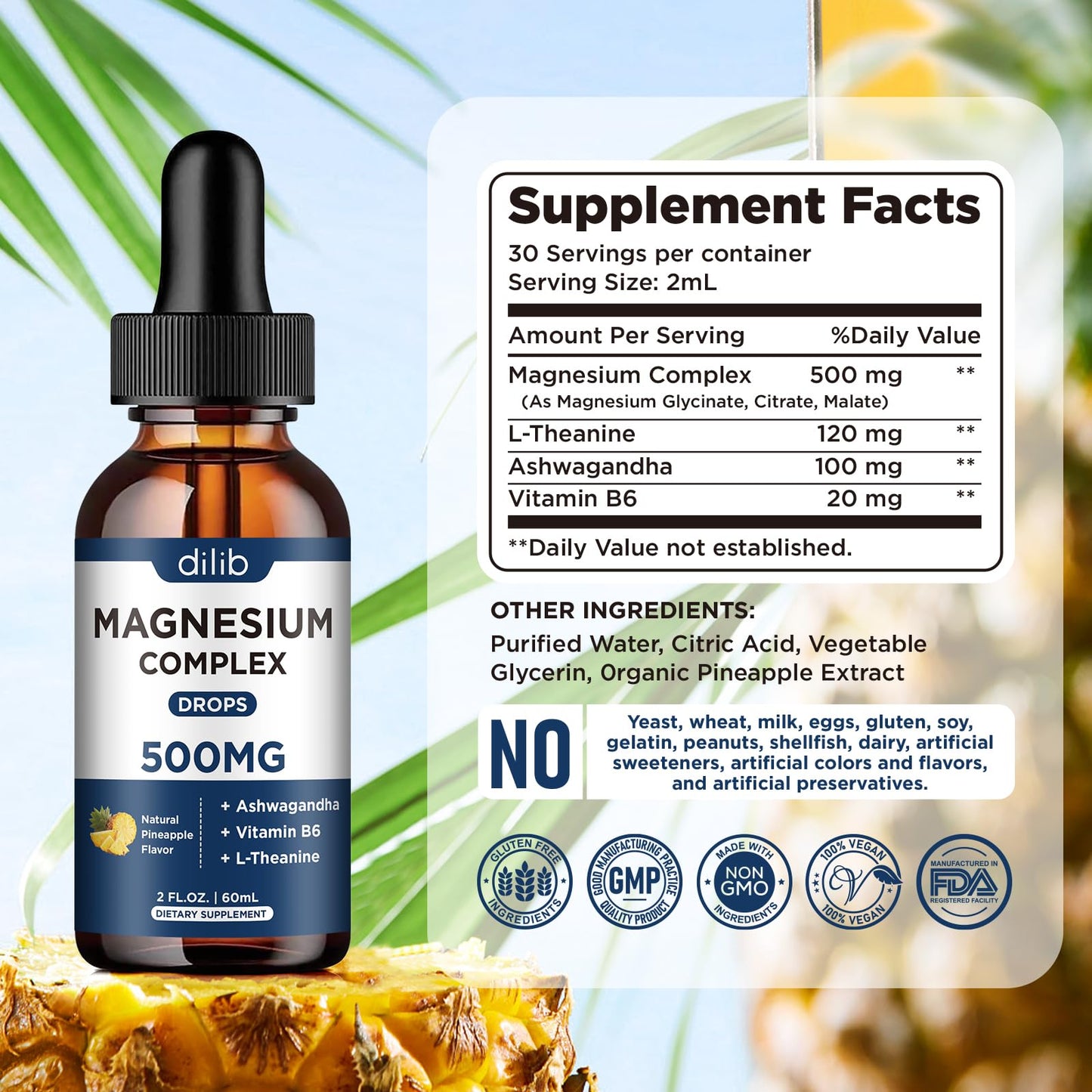 Triple Magnesium Complex Supplement-Magnesium Glycinate, Citrate, Malate Liquid Drops 500mg with Ashwagandha, L-Theanine, Vitamin B6 for Calm, Stress Relief, Sleep, Muscle Support-Pineapple Flavor - dailyvitalstore