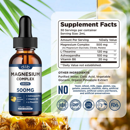Triple Magnesium Complex Supplement-Magnesium Glycinate, Citrate, Malate Liquid Drops 500mg with Ashwagandha, L-Theanine, Vitamin B6 for Calm, Stress Relief, Sleep, Muscle Support-Pineapple Flavor - dailyvitalstore