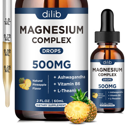 Triple Magnesium Complex Supplement-Magnesium Glycinate, Citrate, Malate Liquid Drops 500mg with Ashwagandha, L-Theanine, Vitamin B6 for Calm, Stress Relief, Sleep, Muscle Support-Pineapple Flavor - dailyvitalstore