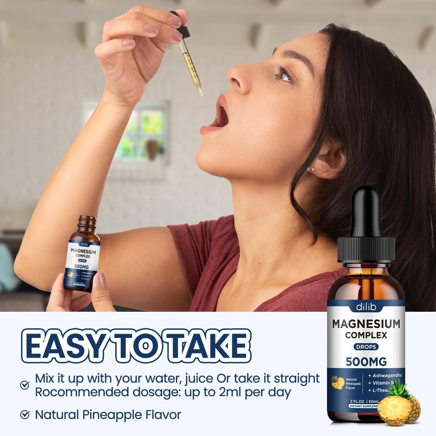 Triple Magnesium Complex Supplement-Magnesium Glycinate, Citrate, Malate Liquid Drops 500mg with Ashwagandha, L-Theanine, Vitamin B6 for Calm, Stress Relief, Sleep, Muscle Support-Pineapple Flavor - dailyvitalstore