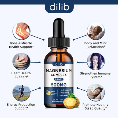 Triple Magnesium Complex Supplement-Magnesium Glycinate, Citrate, Malate Liquid Drops 500mg with Ashwagandha, L-Theanine, Vitamin B6 for Calm, Stress Relief, Sleep, Muscle Support-Pineapple Flavor - dailyvitalstore