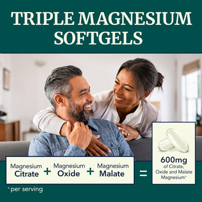 Triple Magnesium Softgels | Citrate, Malate, & Oxide | Highly Absorbable Magnesium Supplement for Digestion, Calm, Leg Cramps, & Sleep Support | 300mg Complex | Easy to Swallow Soft Gels | 60 Count - dailyvitalstore