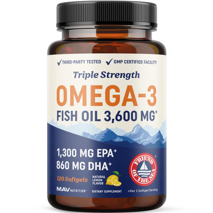 Triple Strength Omega 3 Fish Oil 3600 mg | EPA & DHA | Over 2100mg Omega-3 Fatty Acids | 1300mg EPA + 860mg DHA | Best Essential Fatty Acids | Premium Wild Caught & Burpless Fish Oil | 120 Ct - dailyvitalstore