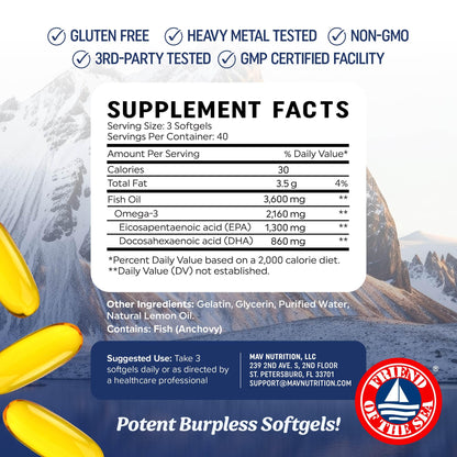 Triple Strength Omega 3 Fish Oil 3600 mg | EPA & DHA | Over 2100mg Omega-3 Fatty Acids | 1300mg EPA + 860mg DHA | Best Essential Fatty Acids | Premium Wild Caught & Burpless Fish Oil | 120 Ct - dailyvitalstore