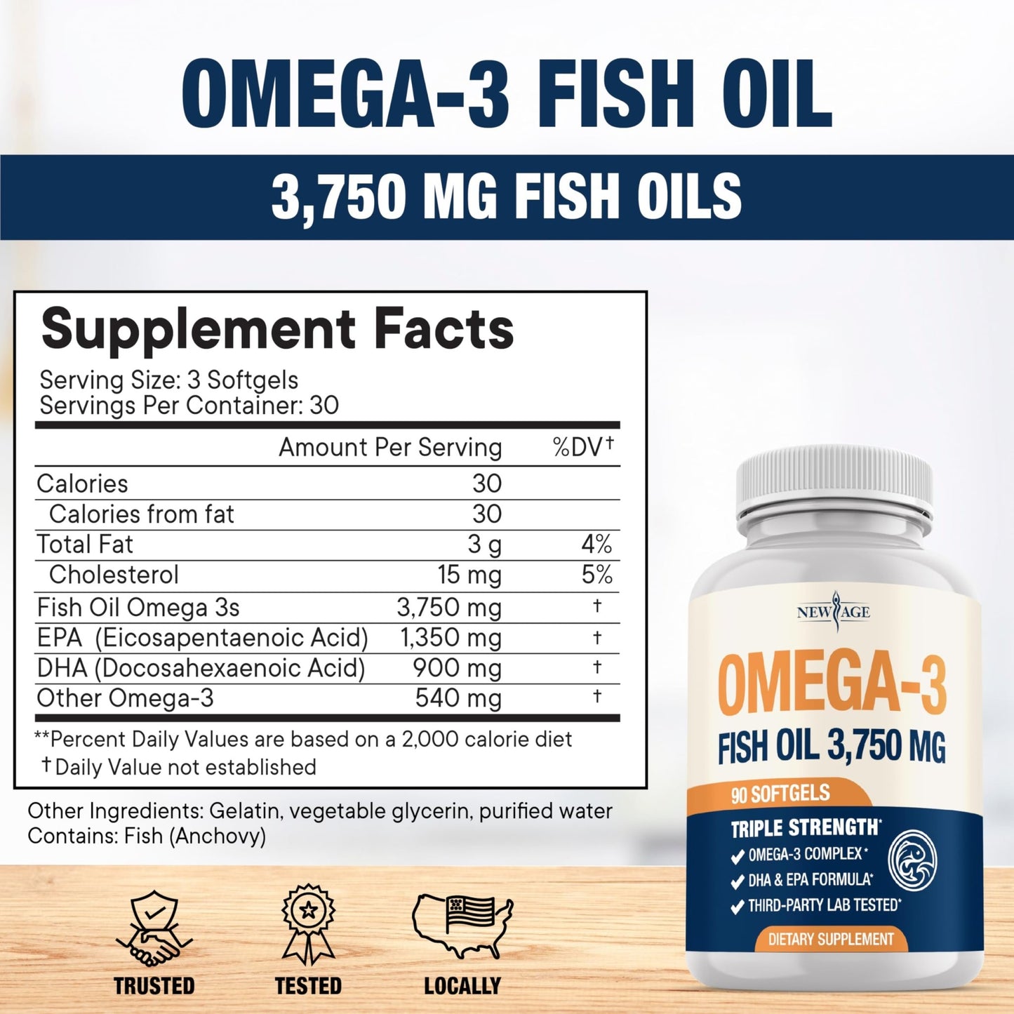 Triple Strength Omega 3 Fish Oil 3750 mg - EPA & DHA - Over 3000mg Omega-3 Fatty Acids - 1350mg EPA + 900mg DHA - Best Essential Fatty Acids, Burpless Fish Oil - 180 Count - dailyvitalstore